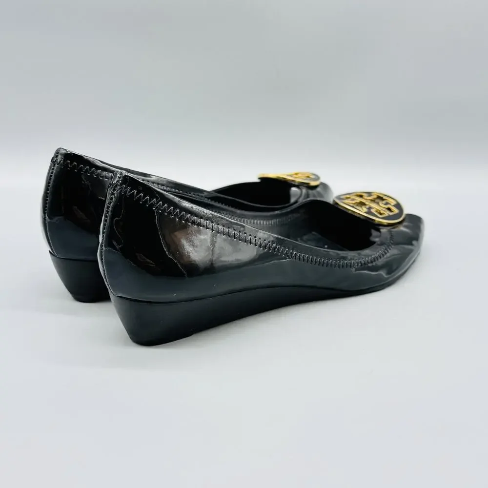 Tory Burch Shoes Womens 8 Black Patent Wedge Heel Pumps Peep Toe Logo Flats